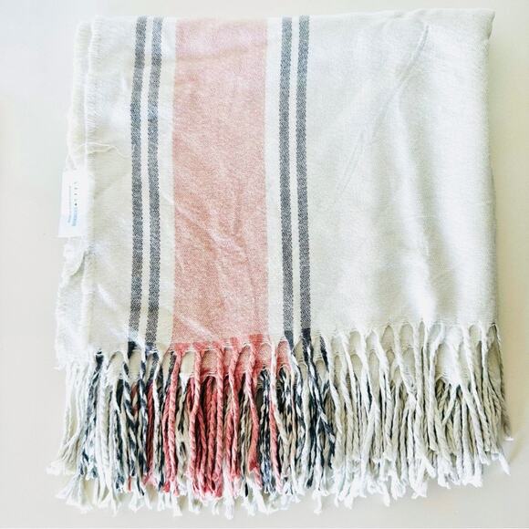 NEW SIIZU Causebox Light Grey Cream Pink Stripe Poncho Scarf Shawl Wrap Sweater - Picture 2 of 13